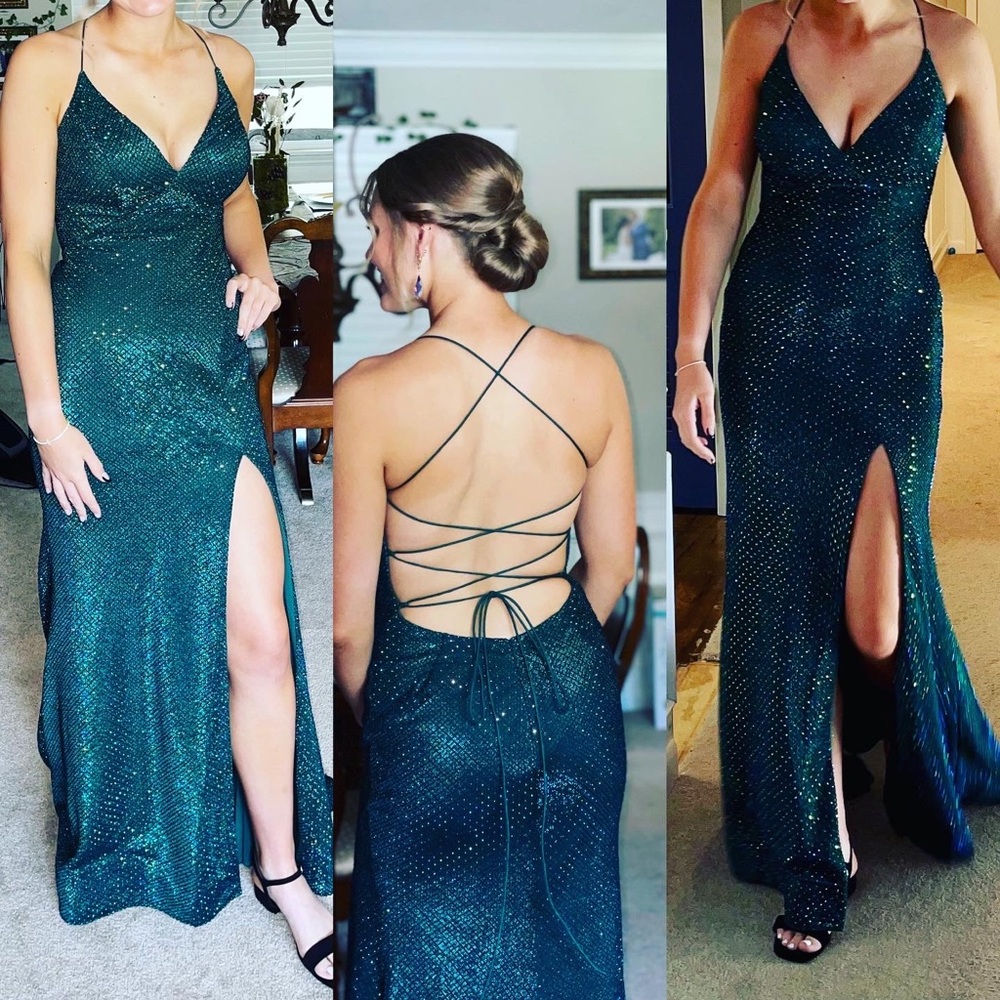 Emerald green, lace back gown